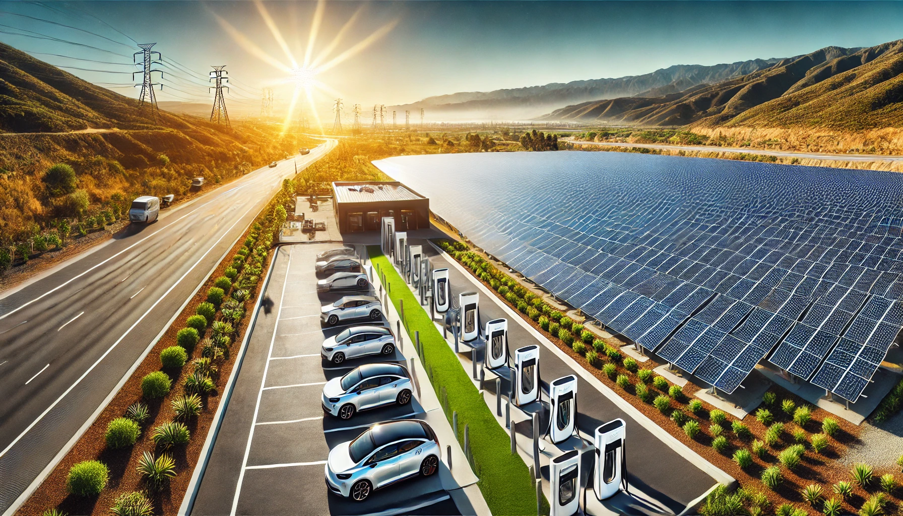 DALL·E 2025-01-16 17.37.10 - A panoramic view of a large solar farm with rows of advanced solar panels glimmering under the sunlight, seamlessly integrated with sleek electric veh